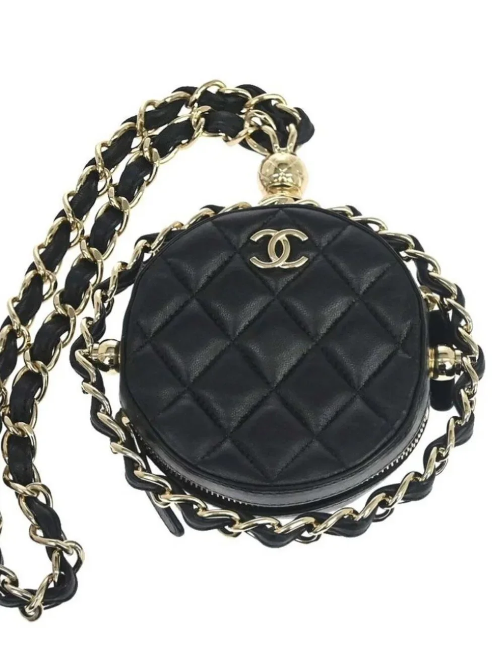 Chanel Black Lambskin Quilted Chain Round Mini Clutch Bag